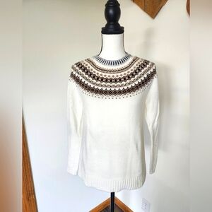 Cremieux Fair Isle Ivory and Brown Crew Neck Knit Sweater